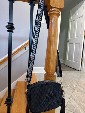 Black Woven Crossbody Bag with Chevron Strap - Women. Made in Italy